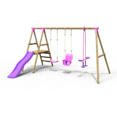 B&Q -  Voyager Wooden Garden Swing Set With Standard SeatBaby SeatGliderPlatform And Slide For Kids- Pink