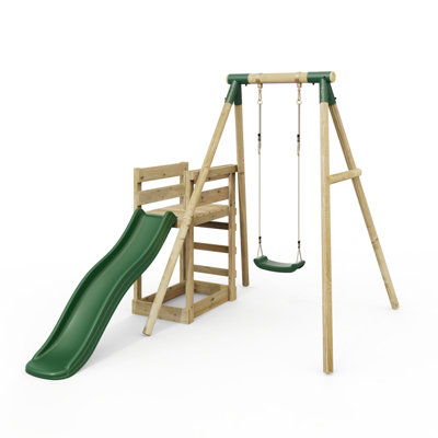 B&Q -  Wooden Garden Swing Set Plus Deck & Slide For KidsSolar Green