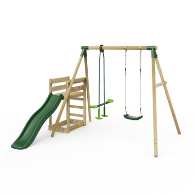 B&Q -  Wooden Garden Swing Set Plus Deck & Slide For KidsStar Green