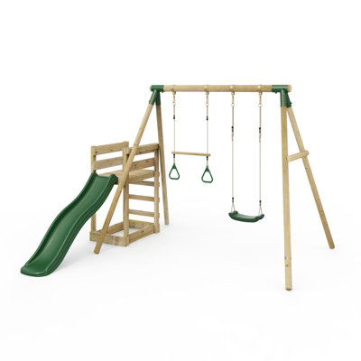 B&Q -  Wooden Garden Swing Set Plus Deck & Slide For KidsJanus Green