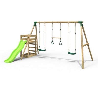 B&Q -  Wooden Swing Set Plus Deck & SlideComet Green