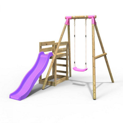 B&Q -  Wooden Garden Swing Set Plus Deck & Slide For KidsSolar Pink
