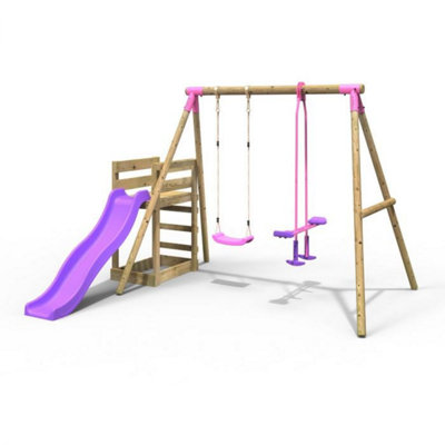 Rebo (Star, Pink) Wooden Swing Set Plus Deck & Slide - Image 3