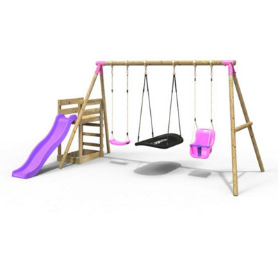 Rebo Wooden Swing Set Plus Deck & Slide - Halley Pink
