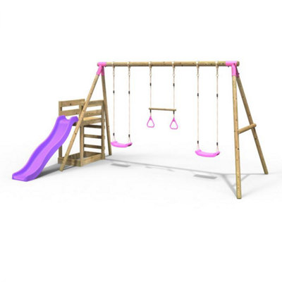 B&Q -  Wooden Swing Set Plus Deck & SlideComet Pink