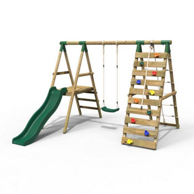 Rebo Wooden Swing Set With Deck And Slide Plus Up And Over Climbing Wall - Amber/Green