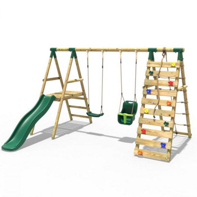 B&Q -  Wooden Swing Set With Deck And Slide Plus Up And Over Climbing WallMoonstone Green