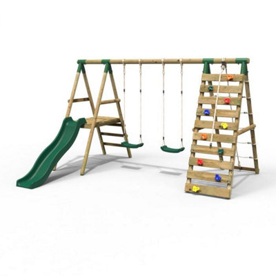 Rebo Wooden Swing Set With Deck And Slide Plus Up And Over Climbing Wall - Jade Green