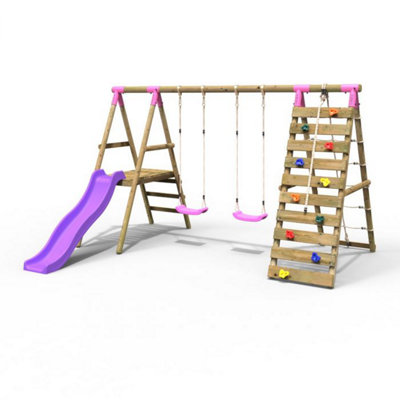 B&Q -  Wooden Swing Set With Deck And Slide Plus Up And Over Climbing WallJade Pink