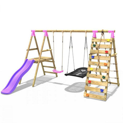 Rebo Wooden Swing Set With Deck And Slide Plus Up And Over Climbing WallQuartz Pink from B&Q