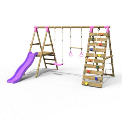 B&Q -  Wooden Swing Set With Deck And Slide Plus Up And Over Climbing WallJasper Pink