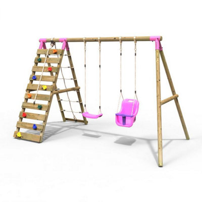 Rebo Wooden Swing Set With Up And Over Climbing WallKai Pink from B&Q