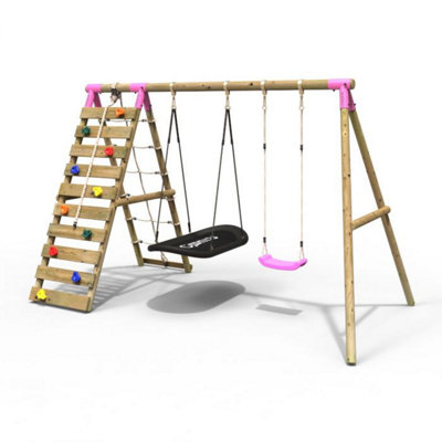 B&Q -  Wooden Swing Set With Up And Over Climbing WallSage Pink