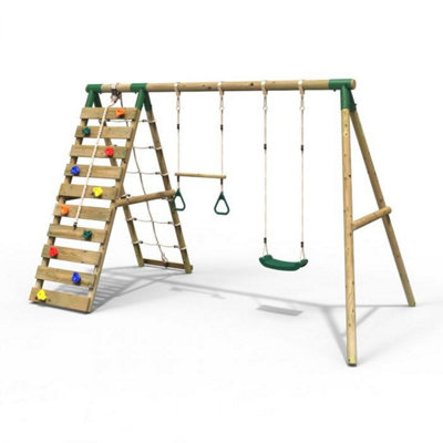 B&Q -  Wooden Swing Set With Up And Over Climbing WallSavannah Green