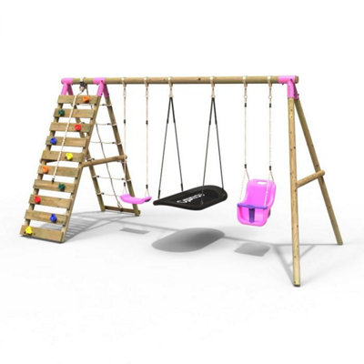 B&Q -  Wooden Swing Set With Up And Over Climbing WallSkye Pink