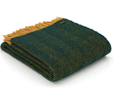 Tweedmill Textiles 100% Pure New Wool Herringbone Throw, Emerald/Mustard, 150x180cm - Image 4