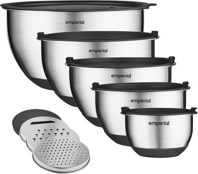 Emperial Mixing Bowls Set Of 5, Stainless Steel Nesting Non Slip, Lids & Graters