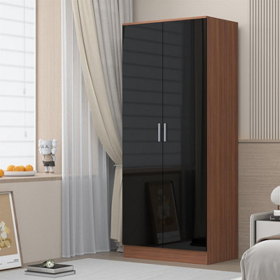 Reflect 2 Door Plain Wardrobe In Gloss Door Fronts And Walnut Carcass (H)180Cm (W)76Cm (D)47Cm Black