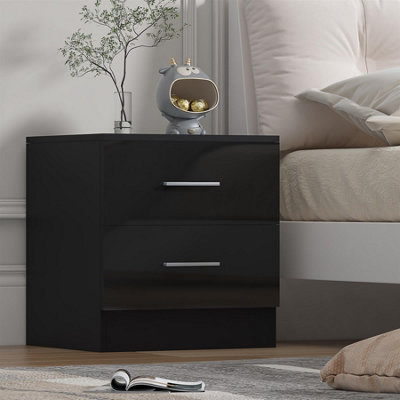 Reflect 2 Drawer BedsideBlack Gloss & Black OakModern Nightstand For Bedroom StorageH: 48.5Cm X W: 45Cm X D: 39.5Cm from B&Q