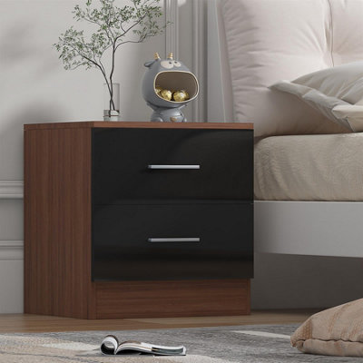 Reflect 2 Drawer BedsideBlack Gloss & WalnutModern Nightstand For Bedroom StorageH: 48.5Cm X W: 45Cm X D: 39.5Cm from B&Q