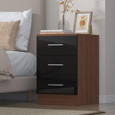 Reflect 3 Drawer BedsideBlack Gloss & WalnutModern Nightstand For Bedroom StorageH: 59.5Cm X W: 39.5Cm X D: 38Cm from B&Q