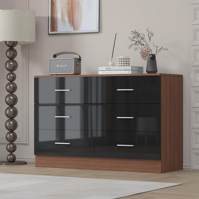 Reflect Wide 6 Drawer ChestBlack Gloss & WalnutModern Bedroom Storage Unit With DrawersH: 75Cm X W: 112Cm X D: 40Cm from B&Q
