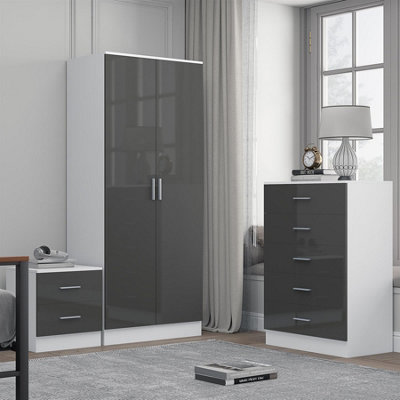 B&Q -  2 Door Plain Wardrobe5 Drawer Chest2 Drawer BedsideGrey Gloss & Matt WhiteModern Bedroom Furniture Set