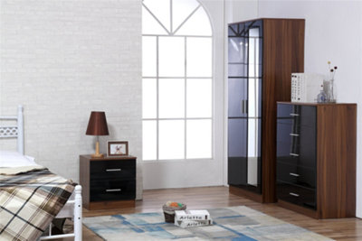 Reflect 2 Door Mirrored Wardrobe And 5 Drawer Chest And 2 Drawer Bedside Set In Gloss And Walnut Black