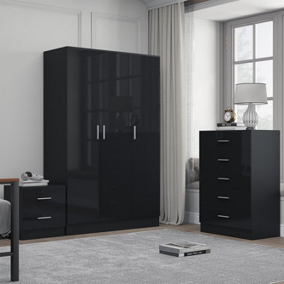 Reflect 3 Door Plain Wardrobe5 Drawer Chest2 Drawer BedsideBlack Gloss & Black OakModern Bedroom Furniture Set from B&Q