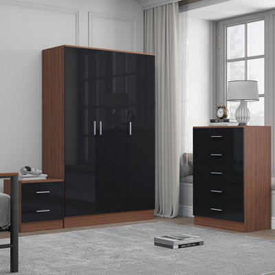 Reflect 3 Door Plain Wardrobe5 Drawer Chest2 Drawer BedsideBlack Gloss & WalnutModern Bedroom Furniture Set from B&Q