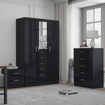 Reflect 3 Door Mirrored Wardrobe And 5 Drawer Chest And 2 Drawer Bedside Set In Gloss And Oak Black