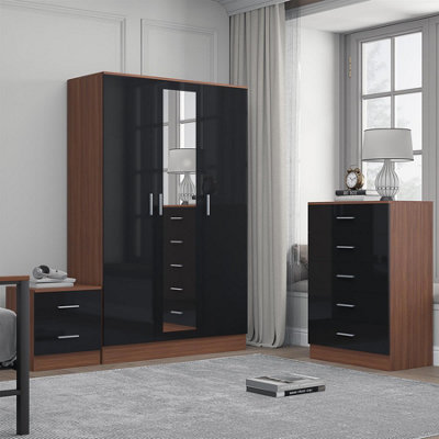 Reflect 3 Door Mirrored Wardrobe And 5 Drawer Chest And 2 Drawer Bedside Set In Gloss And Walnut Black
