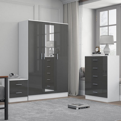 Reflect 3 Door Mirror Wardrobe5 Drawer Chest2 Drawer BedsideGrey Gloss & Matt WhiteModern Bedroom Furniture Set from B&Q