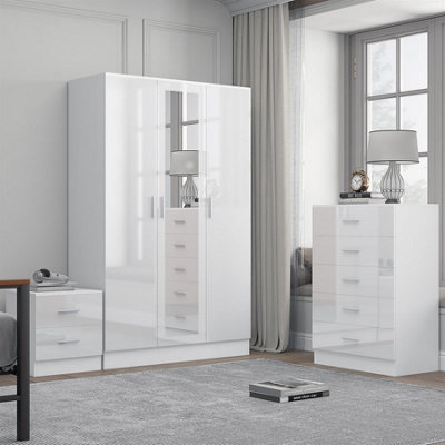 Reflect 3 Door Mirror Wardrobe5 Drawer Chest2 Drawer BedsideWhite Gloss & Matt WhiteModern Bedroom Furniture Set from B&Q