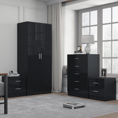 Reflect 2 Door Plain Wardrobe5 Drawer Chest2X 2 Drawer BedsidesBlack Gloss & Black OakModern Bedroom Furniture Set from B&Q