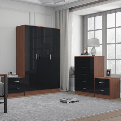 Reflect 3 Door Plain Wardrobe5 Drawer Chest2X 2 Drawer BedsidesBlack Gloss & WalnutModern Bedroom Furniture Set from B&Q