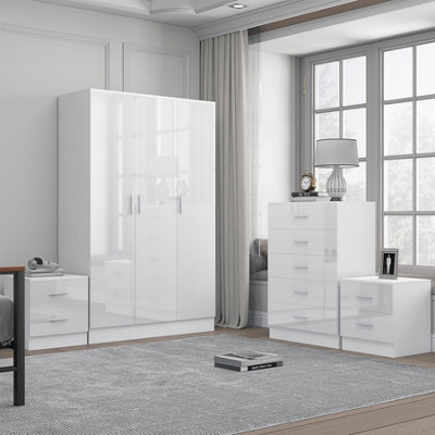 Reflect 3 Door Plain Wardrobe5 Drawer Chest2X 2 Drawer BedsidesWhite Gloss & Matt WhiteModern Bedroom Furniture Set from B&Q