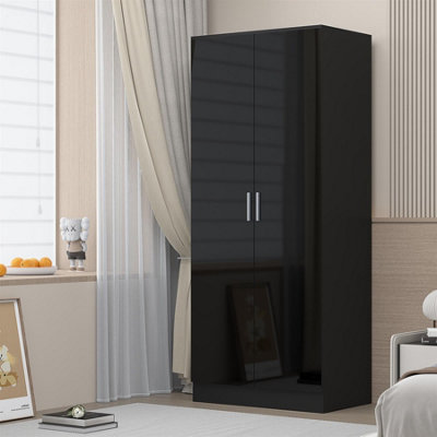 Reflect 2 Door Plain Wardrobe In Gloss Door Fronts And Oak Carcass (H)180Cm (W)76Cm (D)47Cm Black