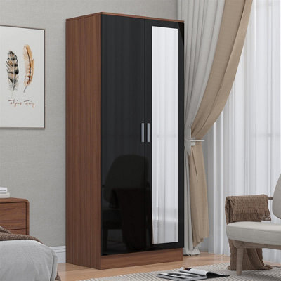 Reflect 2 Door Mirrored Wardrobe In Gloss Door Fronts And Walnut Carcass (H)180Cm (W)76Cm (D)47Cm Black