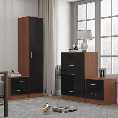 Reflect 1 Door Plain Wardrobe5 Drawer Chest2X 2 Drawer BedsidesBlack Gloss & WalnutModern Bedroom Furniture Set from B&Q