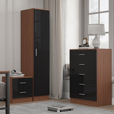 Reflect 1 Door Plain Wardrobe5 Drawer Chest2 Drawer BedsideBlack Gloss & WalnutBedroom Furniture Set from B&Q