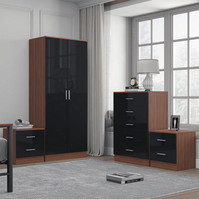 Reflect 2 Door Plain Wardrobe And 5 Drawer Chest And 2X2 Drawer Bedside Set In Gloss And Walnut Black