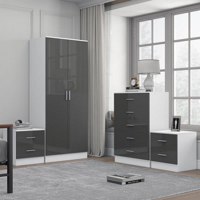 B&Q -  2 Door Plain Wardrobe5 Drawer Chest2X 2 Drawer BedsidesGrey Gloss & Matt WhiteModern Bedroom Furniture Set