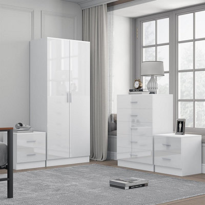 Reflect 2 Door Plain Wardrobe5 Drawer Chest2X 2 Drawer BedsidesWhite Gloss & Matt WhiteModern Bedroom Furniture Set from B&Q