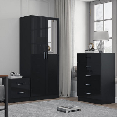 Reflect 2 Door Mirror Wardrobe5 Drawer Chest2 Drawer BedsideBlack Gloss & Black OakModern Bedroom Furniture Set from B&Q