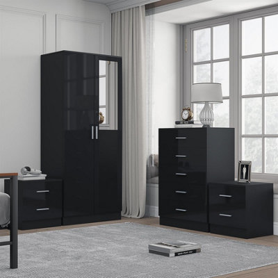 Reflect 2 Door Mirrored Wardrobe And 5 Drawer Chest And 2X 2 Drawer Bedsides Set In Gloss And Oak Black