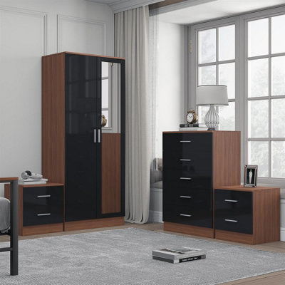 Reflect 2 Door Mirror Wardrobe5 Drawer Chest2X 2 Drawer BedsidesBlack Gloss & WalnutModern Bedroom Furniture Set from B&Q