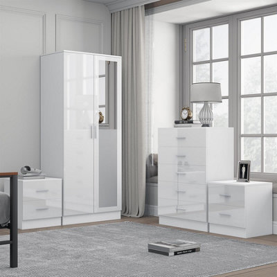 Reflect 2 Door Mirrored Wardrobe And 5 Drawer Chest And 2X 2 Drawer Bedsides Set In Gloss And Matt White