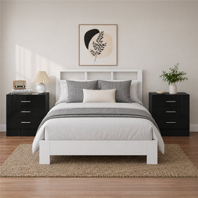Reflect 3 Drawer Bedside Bundle (2X)Black Gloss & Black OakModern BedsideH: 59.5Cm X W: 39.5Cm X D: 76Cm from B&Q