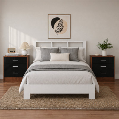 Reflect 3 Drawer Bedside Bundle (2X)Black Gloss & WalnutModern BedsideH: 59.5Cm X W: 39.5Cm X D: 76Cm from B&Q